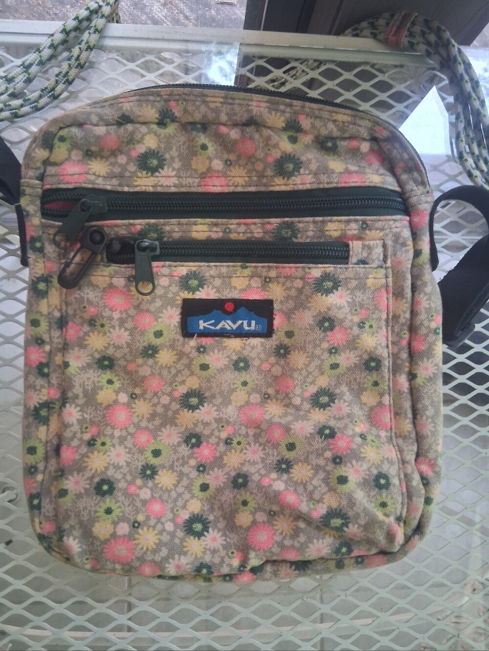 Kavu Beige Floral Messenger Bag with Pink & Green Flowers